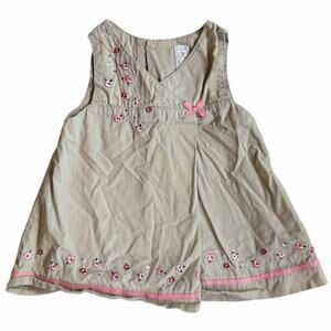 2000s Carters Khaki Embroidered Sleeveless Dress Pink Trim Size 0-3M